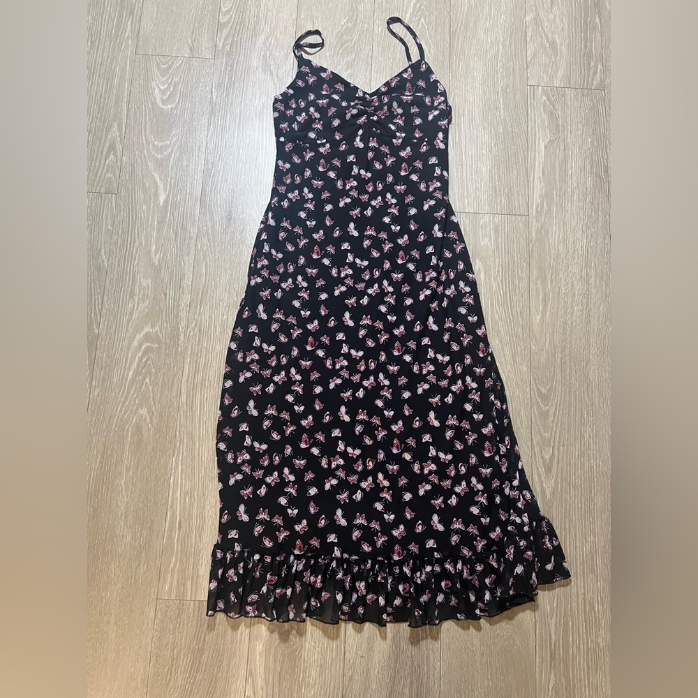 Ultra Flirt Butterfly Print Spaghetti Strap Dress Size M Y2K BOHO Ruffles Fairy